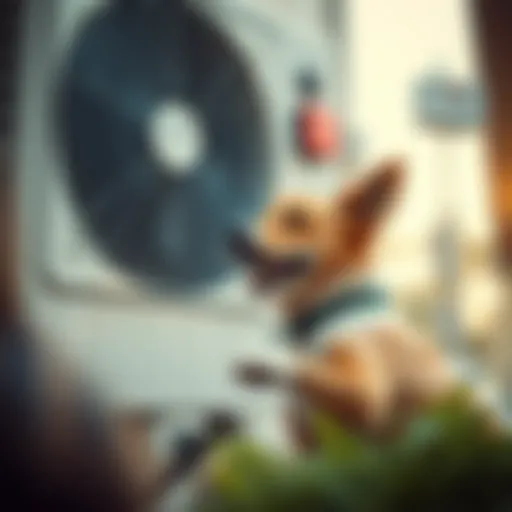 A dog playing near an air conditioning unit