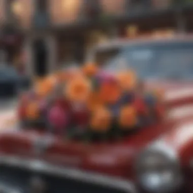 A classic car adorned with flowers for a wedding