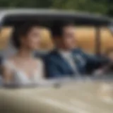 A couple enjoying a classic car ride on their wedding day