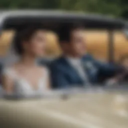 A couple enjoying a classic car ride on their wedding day