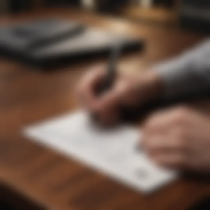 A close-up of a pen signing a bill of sale on a wooden table, emphasizing the finalization