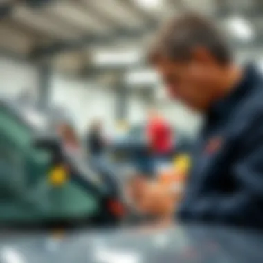 Professional Evaluation of Vehicle Scratches A mechanic assessing damage on a vehicle