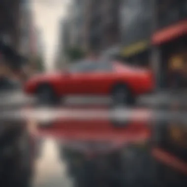 Urban Driving and Insurance Considerations Red car in a city environment