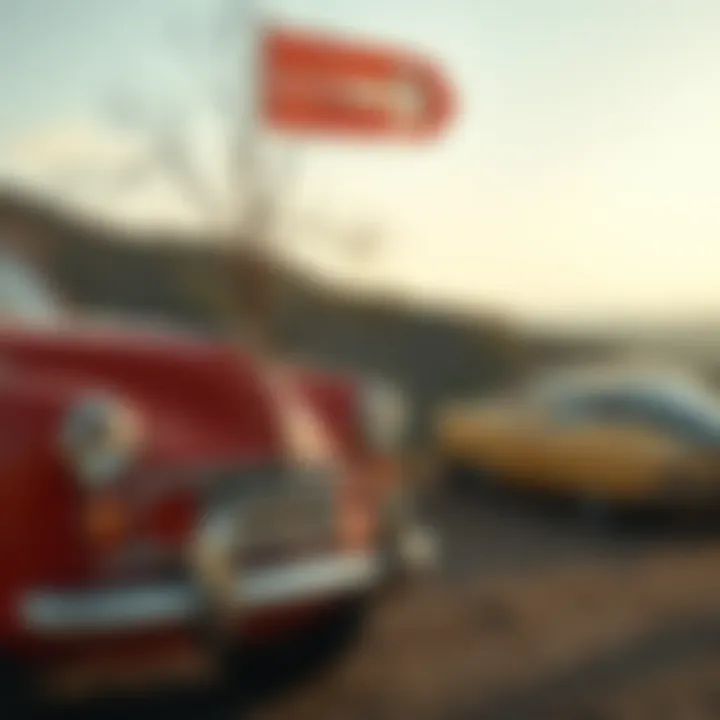 A vintage car parked in a scenic location