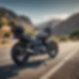 A motorcycle on the side of a road with a beautiful landscape in the background