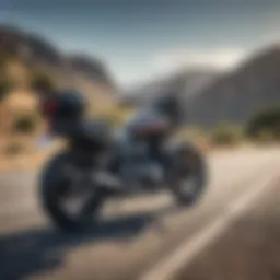 A motorcycle on the side of a road with a beautiful landscape in the background