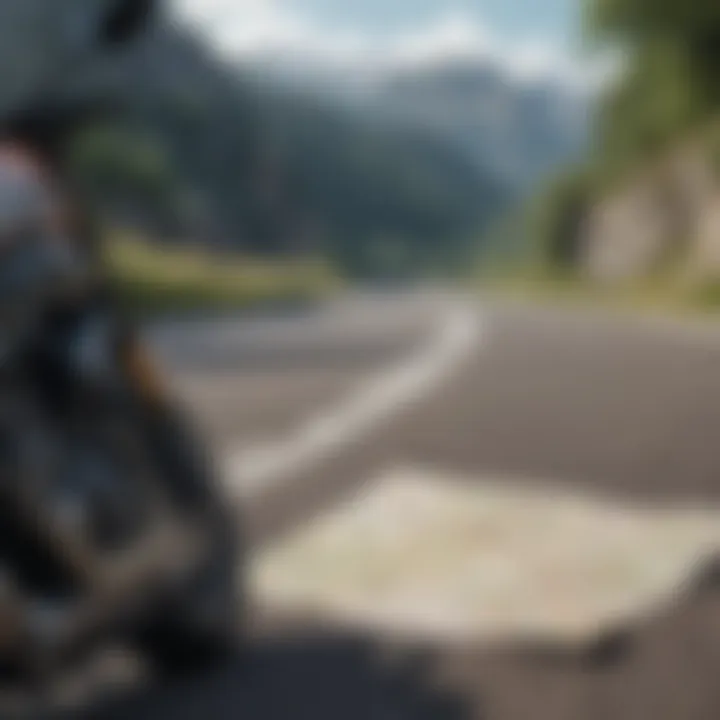 A detailed view of a map with highlighted routes for motorcycle riders