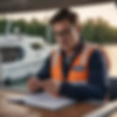 Reviewing Boat Insurance Policy A person thoughtfully reviewing an insurance policy on a tablet while on a boat, illustrating the decision-making process for selecting insurance.
