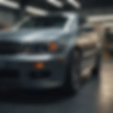 A close-up view of a vehicle undergoing assessment in a body shop