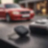 A close-up of a car key on a table with a blurred car in the background.