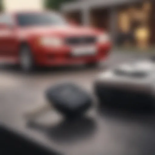 A close-up of a car key on a table with a blurred car in the background.