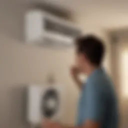 Homeowner examining central air conditioning unit
