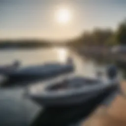 Different types of bass boats displayed on a waterfront