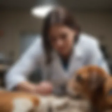 A veterinarian examining a dog with hip dysplasia.