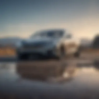 Visual of a Tesla showcasing hail damage under a clear sky Hail-damaged Tesla parked under a clear sky