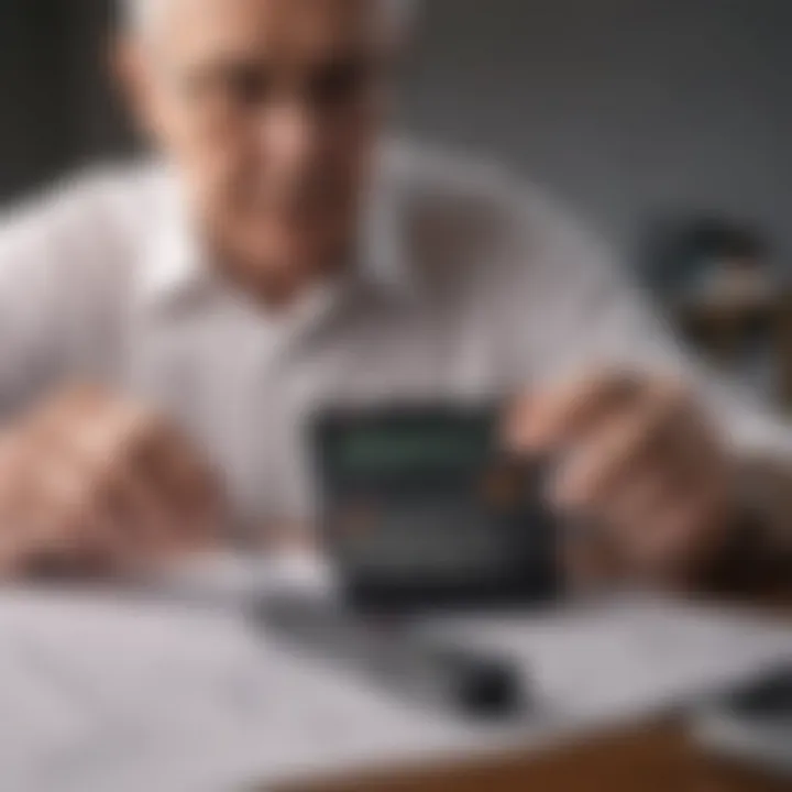 A senior examining financial documents with a calculator