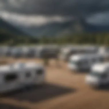 A variety of motor home trailers parked in a scenic camping location