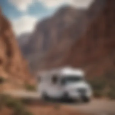 A sleek new Winnebago parked in a scenic location