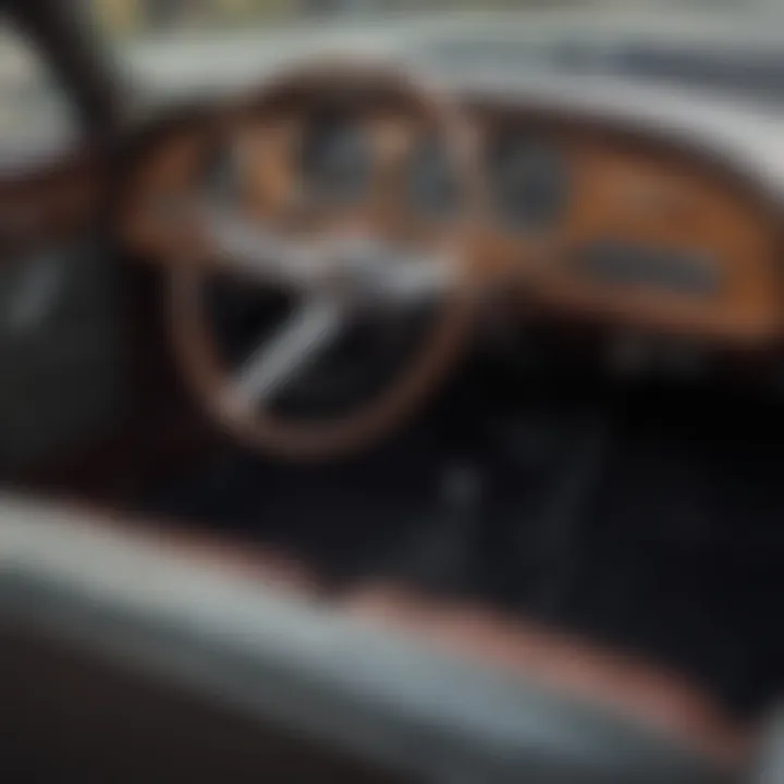 Detailed close-up of an antique car's interior and dashboard