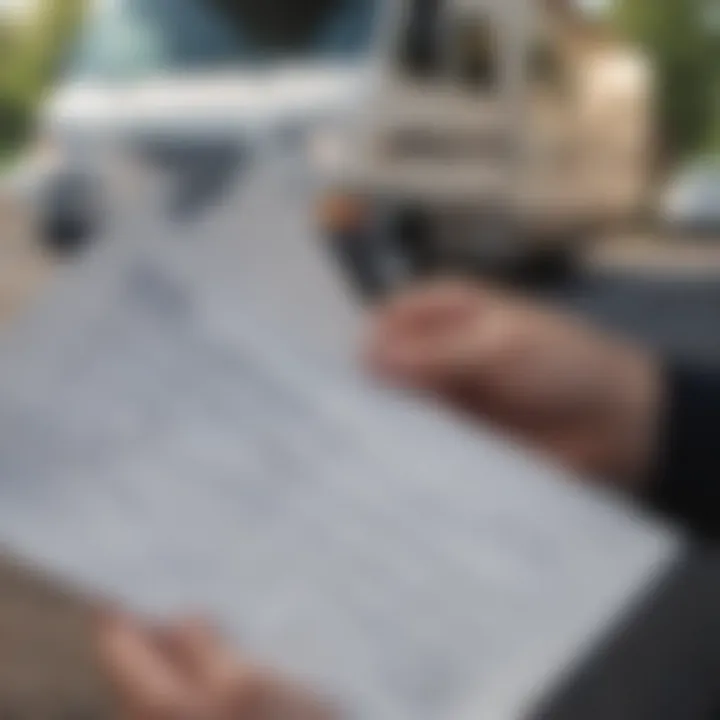 A close-up of a hand holding an insurance policy document with an RV in the background
