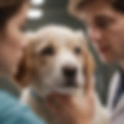 A young puppy with a vet examining it