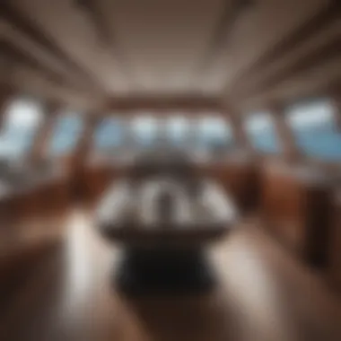Assessing Boat Interior and Amenities An expert examining the interior of a boat, focusing on amenities and equipment