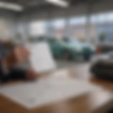 A person reviewing a vehicle title alongside a bill of sale in a well-lit office