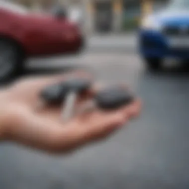 A close-up of a hand holding car keys with a trade-in agreement in the background